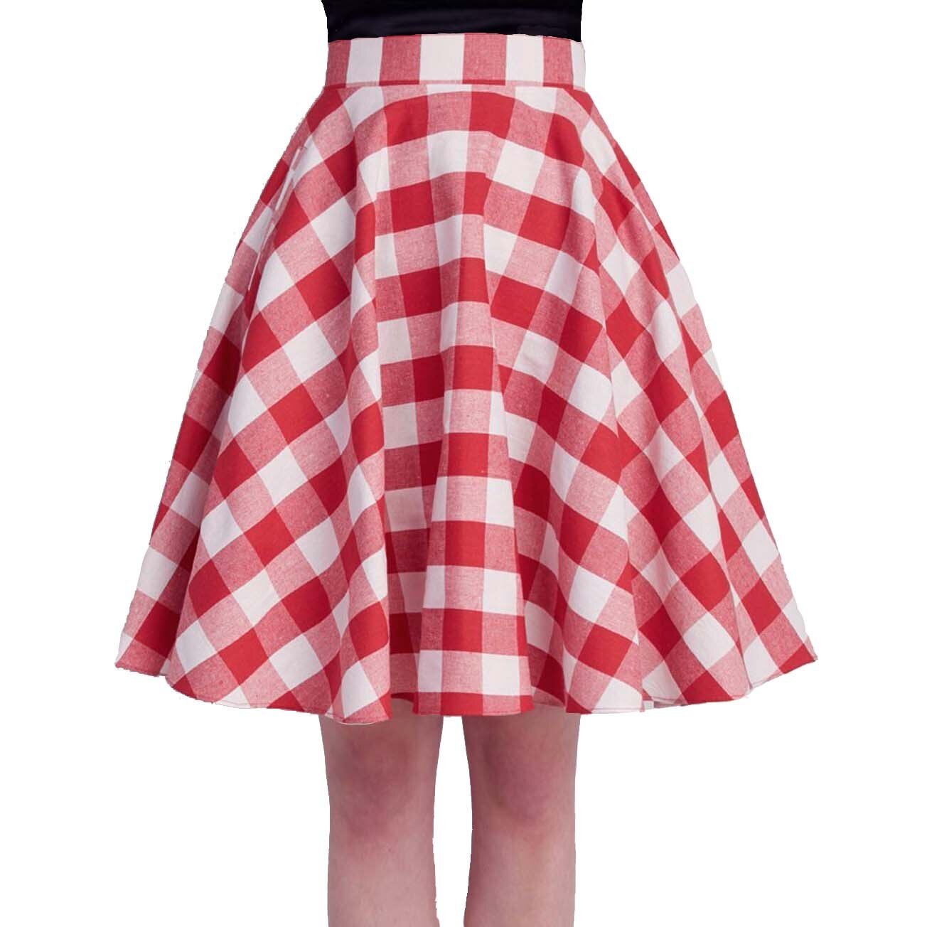 2021 School Checkered Plaid Casual Skirt Women Red and White 50s High Waist Rockabilly Cotton Summer Vintage Swing Women Skirts