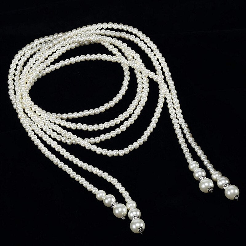 4pcs/set 1920s Flapper Accessories Set Rhinestone Headpiece Pearl Knot Necklace Bracelet with Cigarette Holder