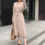 2021 Vintage Women Knitted Dress Autumn Winter Brief V-neck Warm Drawstring Lace-up Loose Midi Female Sweater Dress