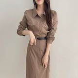 Women Casual Shirt Dress 2021 Autumn Vestidos Long Sleeve Lace-up Single-Breasted Female Split Dress