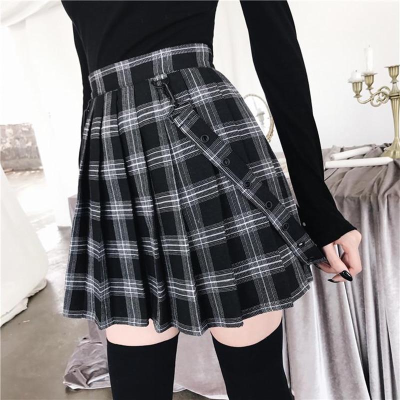 Gothic Vintage Plaid Mini Skirt Punk Hip Hop Women Suspender Strap Pleated A-Line Skater High Waist Casual Plus Size Faldas
