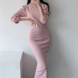 Autumn Elegant Ladies Office Puff Sleeve Dress Women Fashion Slit Solid Slim Midi Dress Vestidos