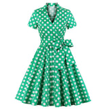 Vintage 50s 60s Retro Women Short Sleeve Cotton Robe Pin Up Swing Green Polka Dot Dress