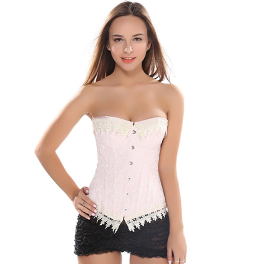 S-6XL Jacquard Pink Floral Appliques Lace Up Overbust Corsets And Bustiers Waist Trainer Corselet Sexy Gothic Corset Top