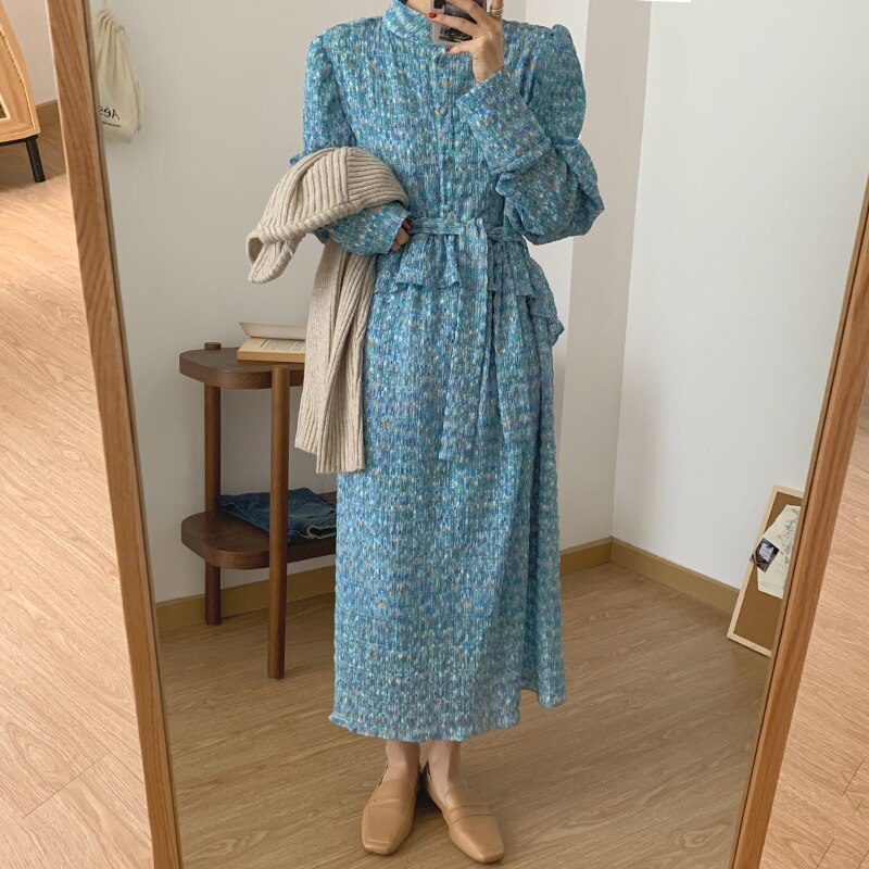 New Spring Women Floral Print Single-breasted Ruffle Long Sleeve Elegant Casual Long Dress Chic Vestidos