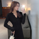 Ladies Elegant V-Neck Single-Breasted Women Thicken Sweater Dress 2021 Autumn Winter Female Knitted A-Line Vestdios