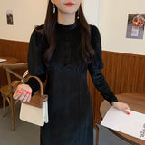 Autumn Women Vintage Elegant Lantern Sleeve A-Line Dress Female Stand Collar Slim Waist Velvet Midi Vestdios