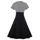Vintage Retro Cotton Black Navy Blue Striped Patchwork Robe Pin Up Swing Women Casual Dresses