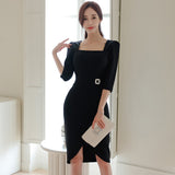 New Women Sheath Pencil Dress Female Elegant Slim Bodycon Dresses Korean Knee-Length Work Casual Vestidos