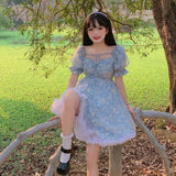 2021 Print Sweet Kawaii Mini Dress Women Japanese Vintage Cute Blue Lace-up Dress French Princess Sequin Puff Sleeve Fairy Dress