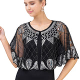 1920s Shawl Beaded Sequin Deco Evening Cape Bolero Flapper Cover Up See-through Scalloped Hem Party Shawl