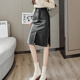 High Waist Pencil Skirts Women Korean Style All-match Vintage PU Leather Ladies Knee-length Skirt