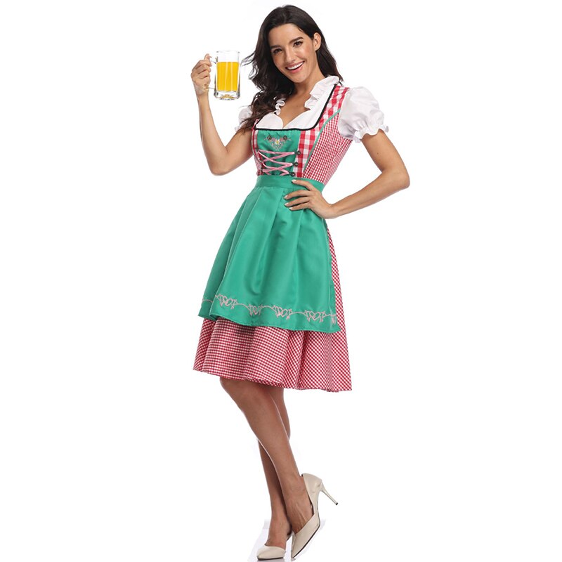 Ladies Traditional Oktoberfest Costume Bavarian Plaid Dirndl Dress German Beer Wench Waitress Outfit Cosplay Fancy Party Dress