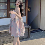 French Kawaii Sexy Mini Dress Women Bow Designer Princess Elegant Floral Sweet Strap Dress A-Line Beach Vintage Casual Dress