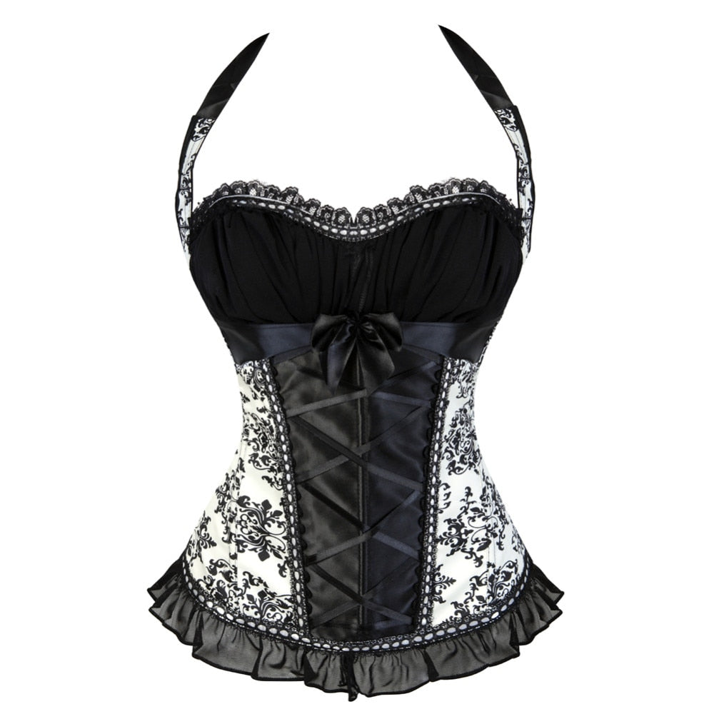 Straps Halter Corset Bustier with Side Zip Lace Up Trim Satin Corsets Gothic Sexy Overbust Corselet Ladies Shaper Top Plus Size