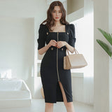 Summer Women Chic Elegant Puff Short Sleeve Package Hip Dress Female Square Collar Slim Waist Pencil Dress Vestidos