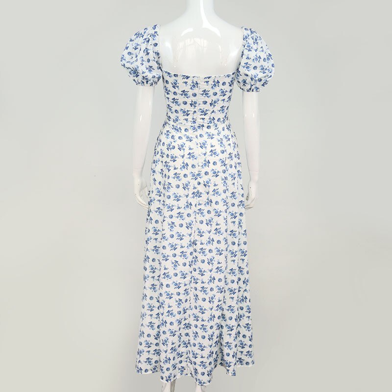 Floral Midi High Waist Puff Sleeve Side Slit Print Elegant Vintage Dress