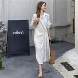 Women Autumn Fashion Shirt Dresses Casual Split Elegant Maxi Dress Turn- Down Collar Chiffon Vintage Long Sleeve Mdi Vestido