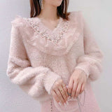 Women Long Sleeve V-Neck fuzzy beaded Sweet Lace Patchwork Sweater And Pullovers Warm