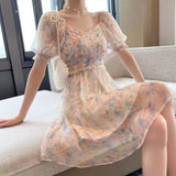 Korean Elegant Floral Boho Dress Women Summer Casual Sexy V-Neck Party Midi Dress High Waist Chiffon Casual Princess Fairy Dress