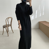 Casual Turtleneck Knitted Women Maxi Dress Autumn Winter Loose Full Sleeve Female Sweater Dress Vintage Ladies Vestidos