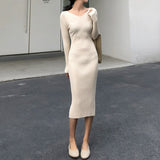 Autumn Winter Women Casual V-Neck Knitted Bodycon Dress Stretched Female Elegant Pencil Dress Sweater Vestidos