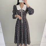 French Style Women's Spring and Summer Shirt Dress Fashion Print Retro Bow Long Sleeve Party Dress