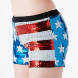 Sexy Club Dance Performance American US Flag Sequin Stars and Stripes Elastic Waist Stretchy Mini Women Summer Shorts