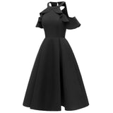 Elegant Black Vintage Cold Shoulder Ruffle Sleeve Robe Pin Up Vestidos Evening Party Retro Dress