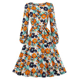 Floral Vintage 50s 60s Retro Women Long Sleeve Sashes Robe Pin Up Swing Elegant Casual Dress