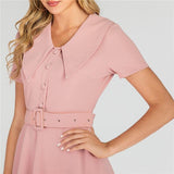 Pink Solid High Waist Belted Button Front Vintage Short Sleeve Summer Elegant A Line Office Dress