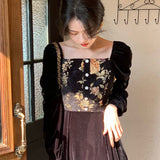 Retro Black Midi Dresses for Women Flower One Piece Dress Korean 2021 Autumn Slim Evening Party Velvet Dress Female Cute Y2k