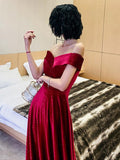 Burgundy Big A-line Evening Dress Off-Shoulder Formal Party Prom Gowns Shinning Velour Girl Vintage Homecoming Long Dress