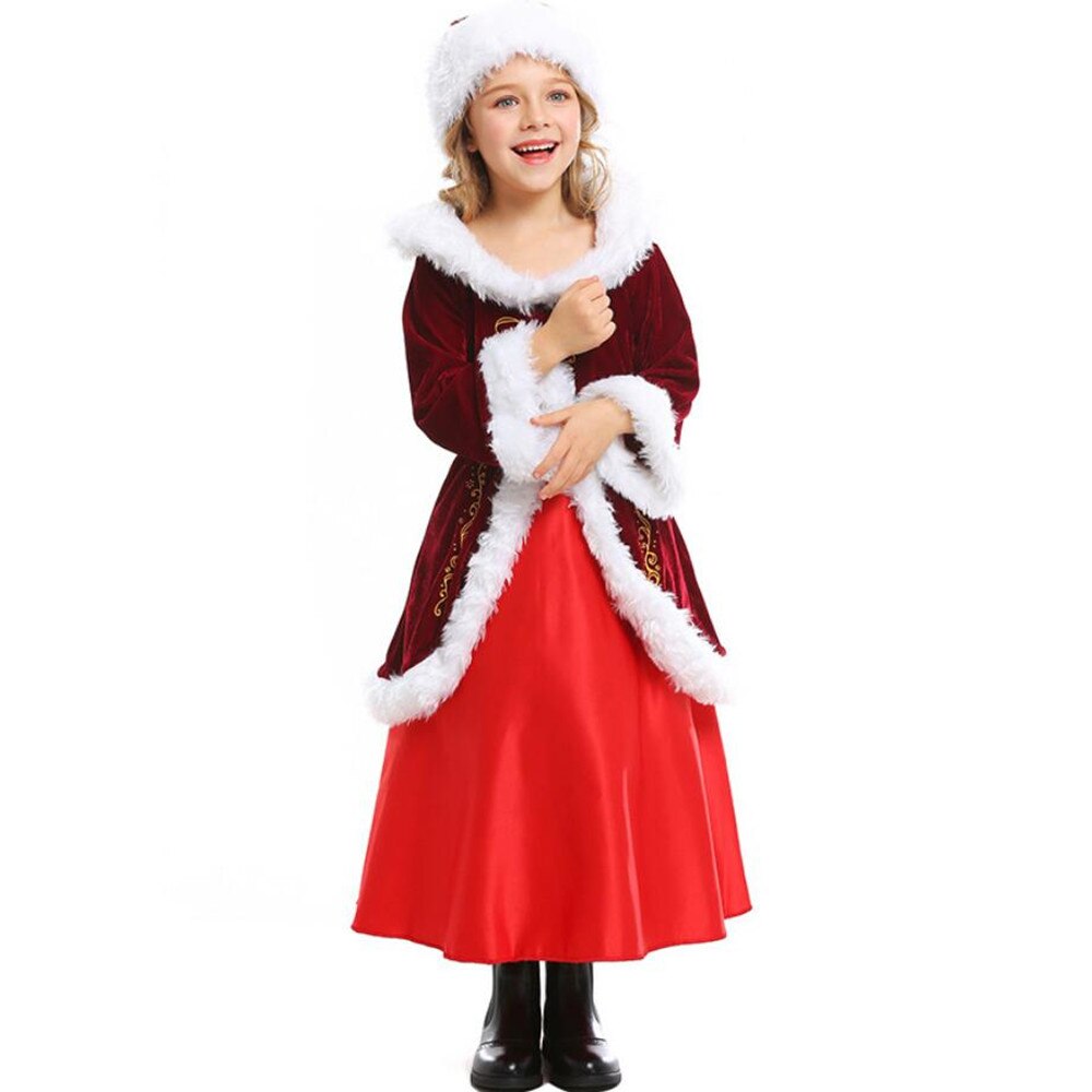 (Dress+Hat+Belt) Kids Girl Red Velvet Christmas Costume Fancy Dress Santa Claus Cosplay Uniform New Year Xmas Party Outfit