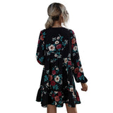 Ruffles Print Women O-neck Full Sleeve High Waist Casual Black Floral Dress