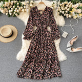 2021 French Spring Summer Women's Floral Chiffon Dress Femme Robe Long Sleeve Fashion Sexy V-Neck Vintage Vestidos Clothing