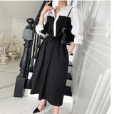 Women Spring Summer Black White Patchwork Shirts Dress Long Sleeve A-line Lace-up Dresses Vestidos