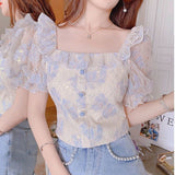 Summer Lace Floral Chiffon Blouse Women Designer Patchwork Korean Sweet Blouse Shirt Puff Sleeve Designer Casual Tops 2021