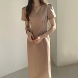 Women Summer Chic Korean Fashion Dress Office Lady Elegant Work Basic Wear Solid Dresses Vestidos