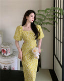 Women Summer Yellow Floral Dress Hollow Out Midi Slim Casual Party Retro Short Puff Sleeve Dress