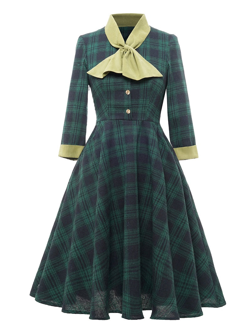 Elegant Women Bow Neck Green Plaid 50s Vintage Spring 3/4 Length Sleeve A-Line Midi Dress