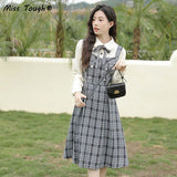 Patchwork Vintage Kawaii Dress Women Fake Two-Piece Plaid Party Midi Dress Female Korean College Style Chic Dress Autumn 2021