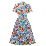 1950s Floral Print Short Sleeve Bow Tie Neck Midi Retro Vintage Pleated Dress