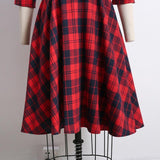 Notched Collar Red Plaid Cotton Vintage 50s Bow Three Quarter Sleeve Elegant Midi Dress