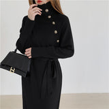 Turtleneck Long Sleeve Sweater Dress With Belt Button Knitted Elegant Midi Dress