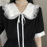 2021 Summer Kawaii Black Midi Dress Women Japanese Sweet Cute Peter Pan Collar Dress College Style Lace Short Sleeve Dress New