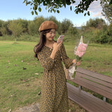 Women Fashion Print Mid-Length Dress Puff Sleeve Slim Waist Female A-line Dress 2021 Spring V-neck Vestidos