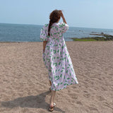Korean Summer O-Neck Puff Sleeve Boho Beach Floral Print Casual Loose Chic Dress Vestidos Femme Streetwear