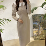 French Style Spring Autumn Women's Dress Casual A-Line Office Lady Eleagnt Lace-Up Slim Fashion Dresses