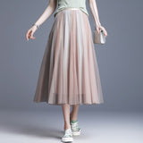 Korean Spring High Waist Bright Color Mesh Women Solid A-Line Skirts